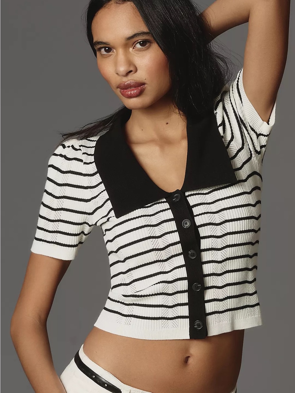 Maeve Black and White Striped Short-Sleeve Button Cardigan